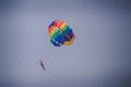 Man Flights High in Sky on Bright Color Parachute