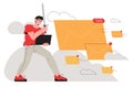 Brave man, office worker, business man fight with spam email messages by protecting his computor with sword. Spamming