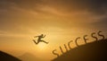 Brave man successful concept,silhouette man jumping over the sun