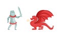 Brave Medieval Knight in Armored Suit Holding Shield and Weapon Fighting with Fire Breathing Dragon Vector Illustration