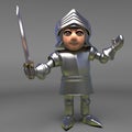 Brave medieval knight in armour defends with his sword, 3d illustration