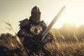 Brave medieval knight on battlefield landscape. Generative AI Royalty Free Stock Photo