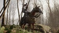 A brave medieval knight on his frisky horse prepares for battle. View of the fighting knight and his horse rearing up Royalty Free Stock Photo