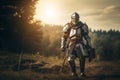 Brave medieval knight walking through forest valley landscape. Generative AI Royalty Free Stock Photo