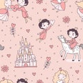 Brave prince and cute princess fairy tale seamless pattern Royalty Free Stock Photo