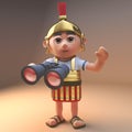 Brave Roman legionnaire soldier in armour using a pair of binoculars and waving, 3d illustration