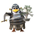 Brave samurai penguin warrior in armour holding a bonsai tree and katana sword, 3d illustration