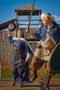 Brave scandinavian woman with frying pan