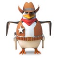 Brave sheriff penguin the wild west cowboy ready to quick draw in a gun battle, 3d illustration