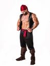 A Brave Soul in Crimson: A Male Bodybuilder with a Red Bandanna Standing Proudly Before a Clean Canvas
