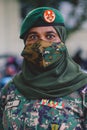 Brave and Strong Woman Soldier in National Maldivian Military Camouflage Uniform on Male Island