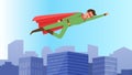 Brave superhero save world and flies over buildings in city. Strong superman protects people