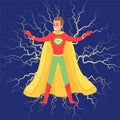 Brave superhero smiles, has superpowers and stands against dark background with lightning