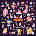 Brave tomboy Hell princess vector cartoon set. Princess magic and feminism illustration, little teen girl, princess