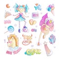 Brave tomboy princess vector cartoon set. Princess magic and feminism illustration, little teen girl with ball, princess