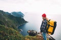 Brave tourist traveling on high mountains above sea Royalty Free Stock Photo