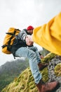 Brave traveler hold hand his friend for helping climb to mountain lifestyle outdoor journey