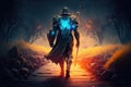 brave warrior in armor walking on glowing path Royalty Free Stock Photo