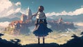 a brave young adventurer princess standing on top of a hill and watching down a mdieval town, videogame anime inspired, generative Royalty Free Stock Photo