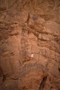 Brave young girl standing high on a cliff