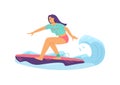 Brave young woman surfing on sea wave, flat vector illustration isolated.
