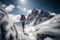 Braving Snowy Heights: Fearless Female Hiker Conquering Alpine Challenge with Giant Backpack, ai generative