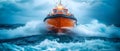 Braving the Storm: A Heroic Rescue Boat at Sea. Concept Adventure Photography, Stormy Seas, Royalty Free Stock Photo