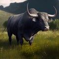 Bravo Spanish breed bull grazing free in the wild pasture - Generate Artificial Intelligence-AI Royalty Free Stock Photo