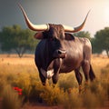 Bravo Spanish breed bull grazing free in the wild pasture - Generate Artificial Intelligence-AI Royalty Free Stock Photo