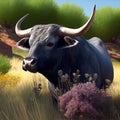 Bravo Spanish breed bull grazing free in the wild pasture - Generate Artificial Intelligence-AI Royalty Free Stock Photo