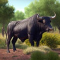 Bravo Spanish breed bull grazing free in the wild pasture - Generate Artificial Intelligence-AI Royalty Free Stock Photo