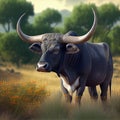 Bravo Spanish breed bull grazing free in the wild pasture - Generate Artificial Intelligence-AI Royalty Free Stock Photo