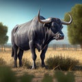 Bravo Spanish breed bull grazing free in the wild pasture - Generate Artificial Intelligence-AI Royalty Free Stock Photo