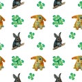 Brawn rabbit and ginger hare with green clover leaves on pattern on white background.