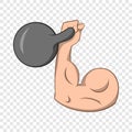 Brawny arm with dumbbell icon, cartoon style