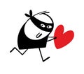 Brazen stickman stole the heart and runs away. Vector illustration of a robber lover in a black mask carries a symbol of