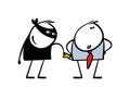 Brazen thief in a black mask got into the pocket of a businessman and steals money. Vector illustration of carefree man