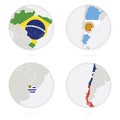 Brazil, Argentina, Uruguay, Chile map contour and national flag in a circle