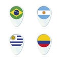 Brazil, Argentina, Uruguay, Colombia flag location map pin icon