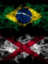 Brazil, Brazilian vs Alabama, Alabamian smoky mystic flags placed side by side. Thick colored silky abstract smoke flags