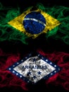 Brazil, Brazilian vs United States of America, America, US, USA, American, Arkansas, Arkansan smoky mystic flags placed side by