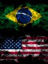 Brazil, Brazilian vs United States of America, America, US, USA, American smoky mystic flags placed side by side. Thick colored