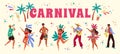 Brazil carnival. Big heading word and happy festive people dancers and musicians, holiday tropical elements drinks and