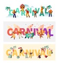 Brazil Carnival Exotic Costume Typography Poster Set. Wing Bikini Latino Woman Colorful Parade. Man Play Tropical Music Royalty Free Stock Photo