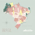 Brazil cartoon travel map vector illustration with landmarks, cities, roadmap. Infographic concept shape template design with Royalty Free Stock Photo