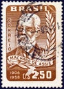 BRAZIL - CIRCA 1958: A stamp printed in Brazil issued for his 50th death anniversary shows writer Machado de Assis, circa 1958.