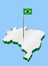 Brazil 3D Map with Flagpole and Brazilian Flag