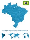 Brazil - detailed blue country map with cities, regions, location on world map and globe. Infographic icons