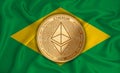 Brazil flag ethereum gold coin on flag background. The concept of blockchain bitcoin currency decentralization in the country.