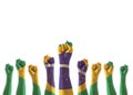 Brazil flag on people hands with clenched fists raising up for labor day, republic proclamation day, national holiday celebration